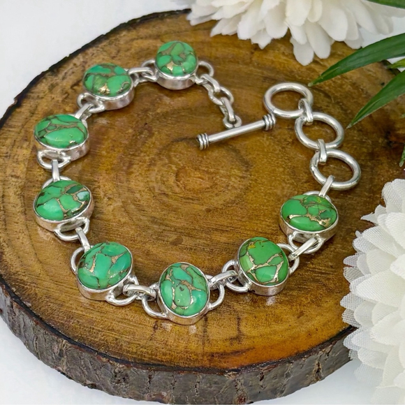 Southwest Boho Genuine Green Copper Turquoise Gemstone Bracelet New 925 Silver - Picture 4 of 7